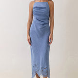 Asymmetrical Shirred Lace-Hem Midi Dress