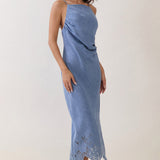 Asymmetrical Shirred Lace-Hem Midi Dress