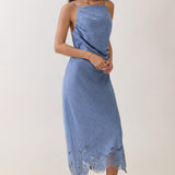 Asymmetrical Shirred Lace-Hem Midi Dress