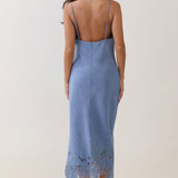 Asymmetrical Shirred Lace-Hem Midi Dress