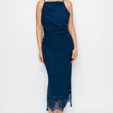 Asymmetrical Shirred Lace-Hem Midi Dress
