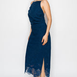 Asymmetrical Shirred Lace-Hem Midi Dress
