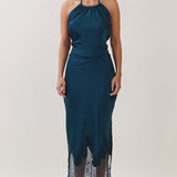 Satin Halter Neck Lace Hem Midi Dress