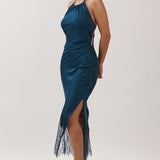 Satin Halter Neck Lace Hem Midi Dress
