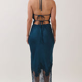 Satin Halter Neck Lace Hem Midi Dress
