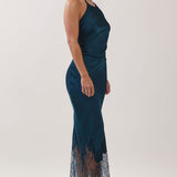 Satin Halter Neck Lace Hem Midi Dress