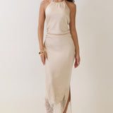 Lace Trim Halter Open-Back Midi Dress