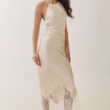 Lace Trim Halter Open-Back Midi Dress