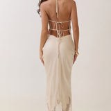 Lace Trim Halter Open-Back Midi Dress