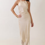 Lace Trim Halter Open-Back Midi Dress