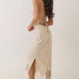 Lace Trim Halter Open-Back Midi Dress