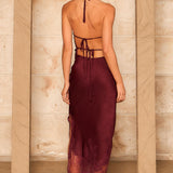 Satin Halter Neck Lace Hem Midi Dress