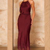 Satin Halter Neck Lace Hem Midi Dress