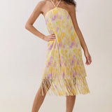 Halter Neck Tie-Dye Fringe Midi Dress