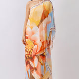 One-Shoulder Floral Chiffon Maxi Dress with Draped Detail