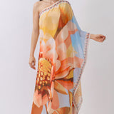One-Shoulder Floral Chiffon Maxi Dress with Draped Detail