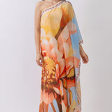 One-Shoulder Floral Chiffon Maxi Dress with Draped Detail