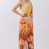 One-Shoulder Floral Chiffon Maxi Dress with Draped Detail