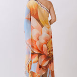 One-Shoulder Floral Chiffon Maxi Dress with Draped Detail