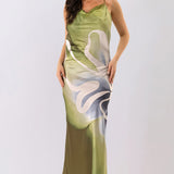 Abstract Floral Satin Cowl Neck Maxi Dress