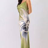 Abstract Floral Satin Cowl Neck Maxi Dress