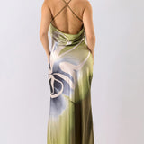 Abstract Floral Satin Cowl Neck Maxi Dress