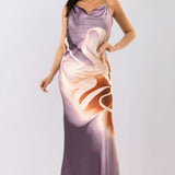Abstract Floral Satin Cowl Neck Maxi Dress