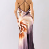 Abstract Floral Satin Cowl Neck Maxi Dress