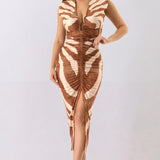 Deep V-Neck Abstract Print Midi Dress