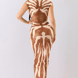 Deep V-Neck Abstract Print Midi Dress