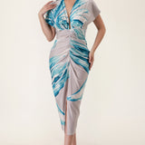 Floral Deep V-neck pleats midi dress