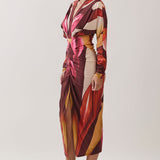 Abstract Floral Print Ruched Midi Dress