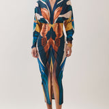 Abstract Floral Print Ruched Midi Dress