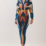 Abstract Floral Print Ruched Midi Dress