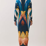 Abstract Floral Print Ruched Midi Dress