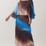 Two-Piece Dress with Sheer Cape Overlay