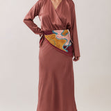 Satin Wrap Maxi Dress with Printed Scarf Belt