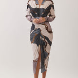 Abstract Print V-Neck Ruched Midi Dress
