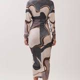 Abstract Print V-Neck Ruched Midi Dress