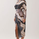 Abstract Print V-Neck Ruched Midi Dress