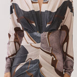 Abstract Print V-Neck Ruched Midi Dress