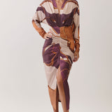 Abstract Print V-Neck Ruched Midi Dress