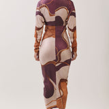 Abstract Print V-Neck Ruched Midi Dress