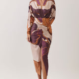 Abstract Print V-Neck Ruched Midi Dress