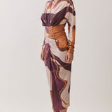 Abstract Print V-Neck Ruched Midi Dress