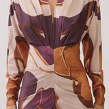 Abstract Print V-Neck Ruched Midi Dress