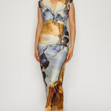Marble Print Ruched Midi Dress with Gold Accent