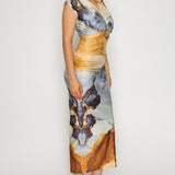 Marble Print Ruched Midi Dress with Gold Accent