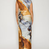 Marble Print Ruched Midi Dress with Gold Accent