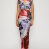Marble Print Ruched Midi Dress with Gold Accent